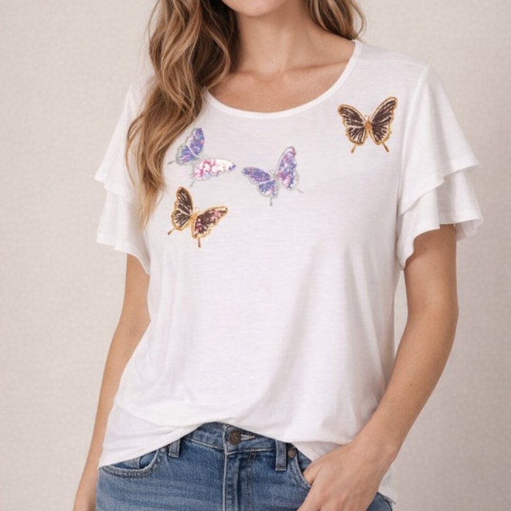Love Scarlett Butterfly Sequin Embroidered Tee White Flutter Sleeve Top L NWT